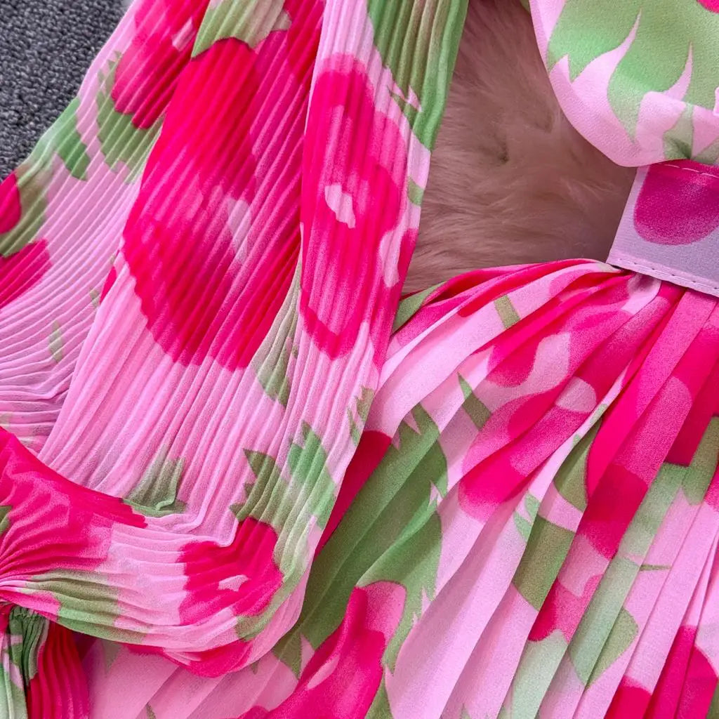 Summer Vintage Casual A-Line Floral Print Women Dress Elegant Chic Pleated Party Prom Vestidos with Belted Female Long Robe