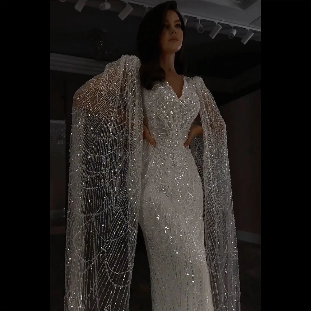Serene Hill Arabic White Luxury Pearls Beaded Mermaid Cape Sleeves Evening Gowns 2024 For Women Wedding Party LA72160