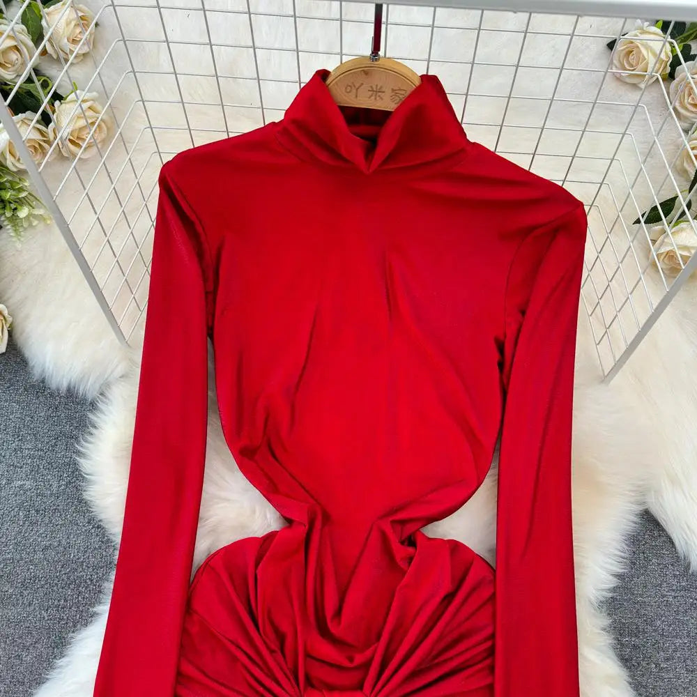 Autumn Solid Long Sleeve Party Dress for Women Sexy Bodycon Stand Collar Evening Dresses Bow Bandage Pleated Slim Waist Vestidos