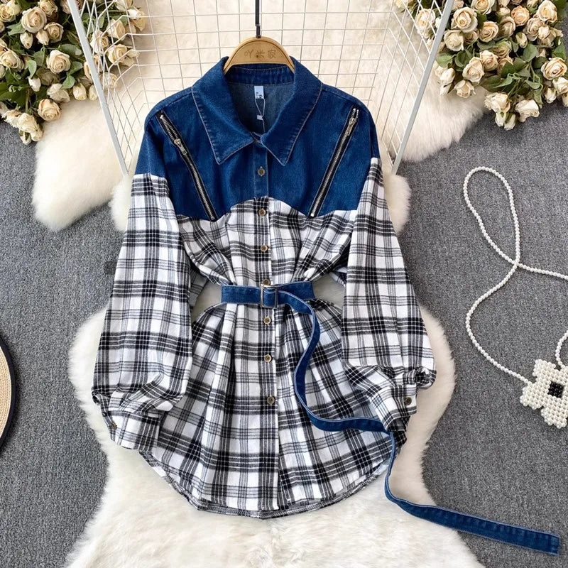 Denim Spliced Long Sleeve Shirt Coat Women Zipper Design Fashion Belt Lapel Mid Long Shirt Jacket Female Autumn Casual Blouses