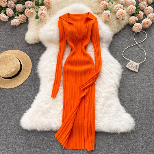 Women Chic Elegant Long Sleeve Split Bodycon Midi Dress Sexy French Fashion Knit Wrap Vestidos Elastic Slim Pencil Sweater Dress