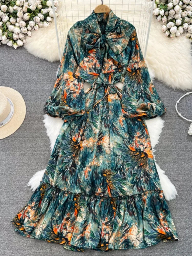 Elegant Casual A-Line Vintage Ruffle Print Long Dress Autumn Lantern Sleeve Party Boho Dresses Beach Holiday Female Vestidos