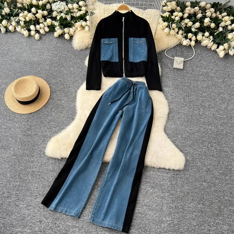 Fashion Two Piece Set Women Autumn Casual Sports Versatile Stand Up Collar Zipper Long Sleeved Top Jacket + Denim Patchwork Pant