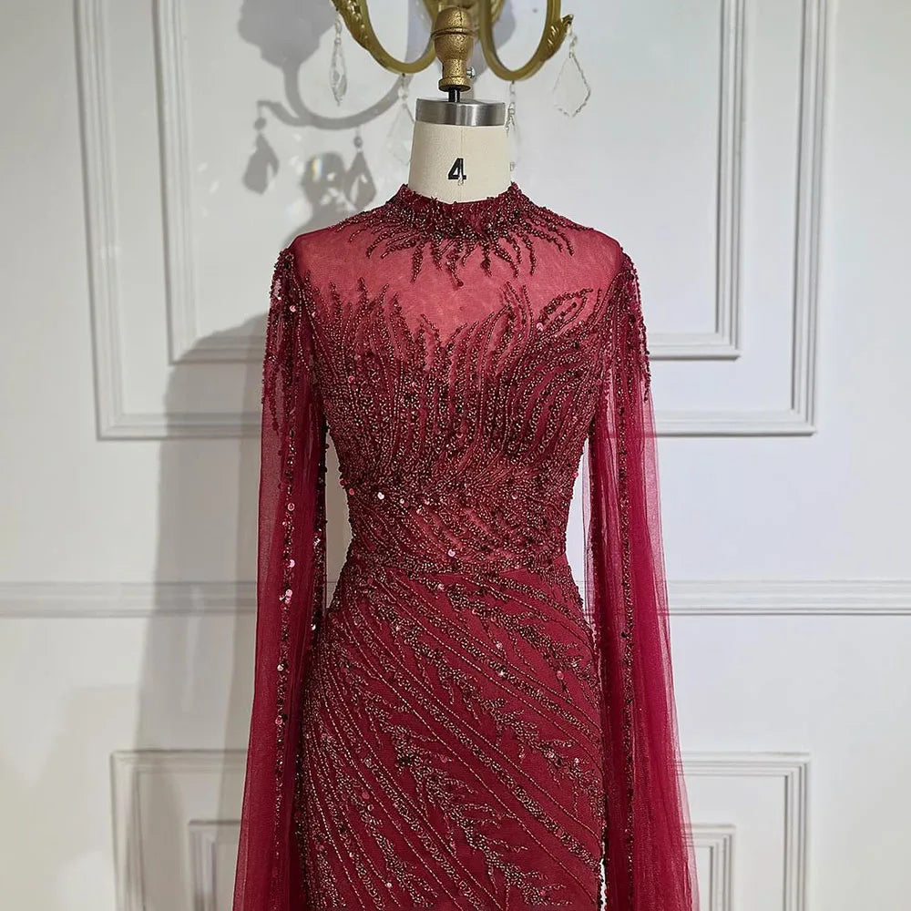 Serene Hill 2024 Nude Cape Sleeves Mermaid Lace Beaded Luxury Dubai Long Evening Dresses Gowns for Women Wedding Party BLA71885A