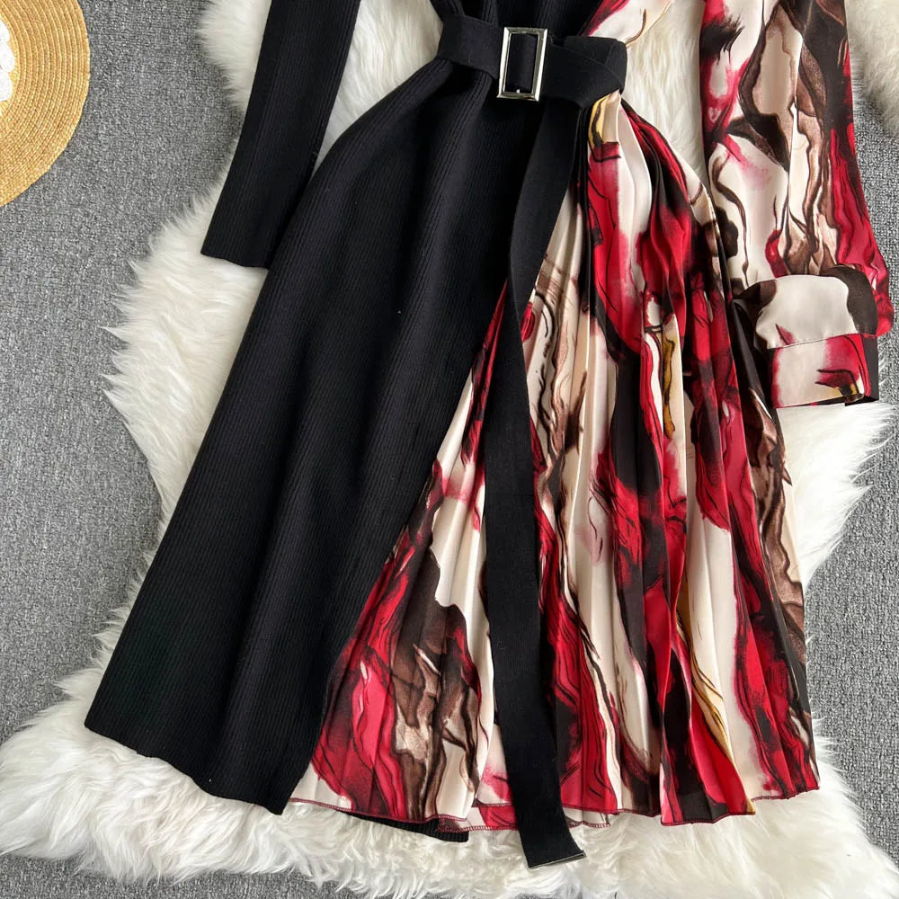 Elegant Chic Print Patchwork Knit Dress French Long Sleeve Party A-line Vestidos High Waist Basic Slim Women Autumn Winter Dress