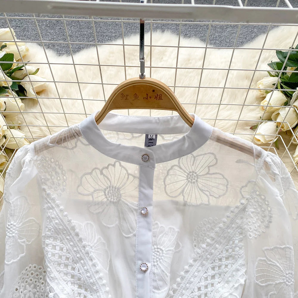 Spring Dresses 2024 Crochet Trim Cutwork Embroidery Mini Holiday Dress Women Stand Collar Long Sleeve Elegant Party Dresses