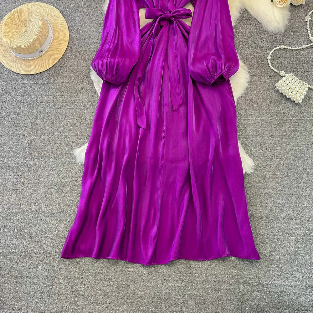 Autumn Elegant Women Fashion Party Long Dress Bow Lace Up Long Sleeve Evening Dresses A-Line Casual Vestidos One Piece Prom Robe