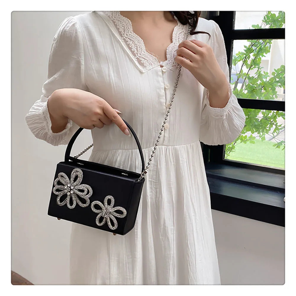 Light Luxury High-Grade Women Chain Crossbody Bag Korean Design Sense Diamond Flower New Pop Handbag Fashion Box Mini Square Bag