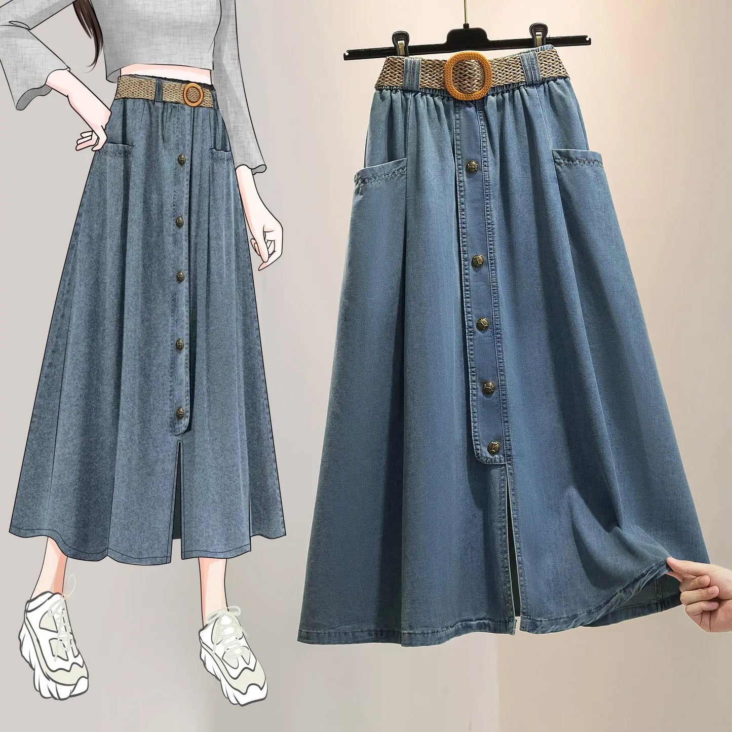 Vintage Summer Denim Skirt for Women Fashion High Waist Slim Button Split Long Skirts Korean Loose A-line Thin Jeans Midi Skirt