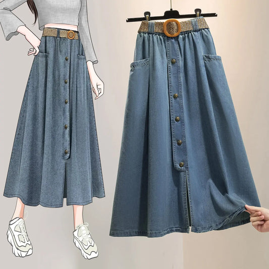 Vintage Summer Denim Skirt for Women Fashion High Waist Slim Button Split Long Skirts Korean Loose A-line Thin Jeans Midi Skirt