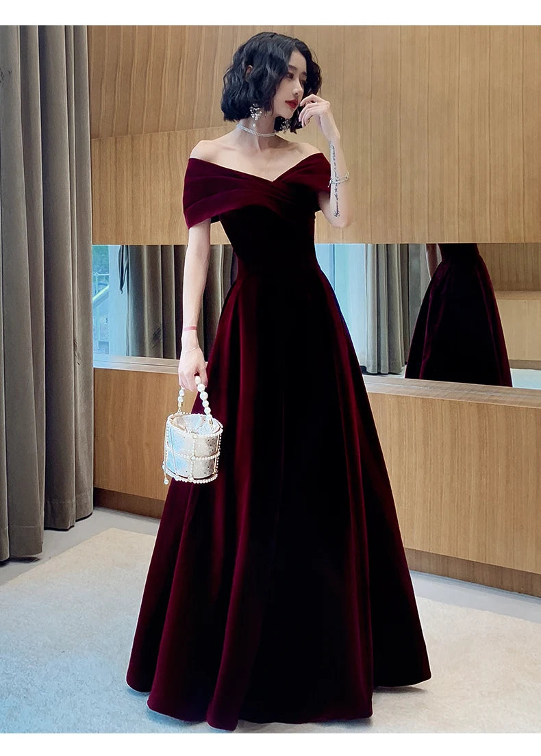 Lautaro Spring Long Luxury Elegant Wine Red Soft Velvet Evening Party Wedding Dresses for Women 2022 Off Shoulder Maxi Dress