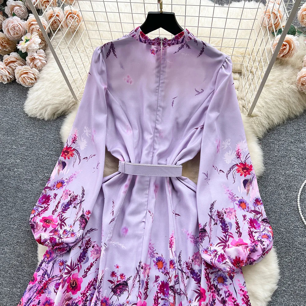 Spring Dresses 2024 Women Clothing Long Sleeve Party Elegant Dress With Belt Stand Collar Vintage Floral Print Holiday Dress