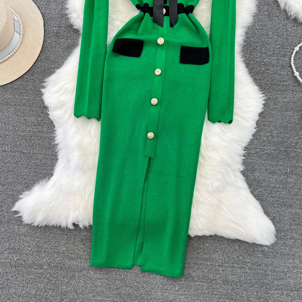 Women Elegant Butterfly Long Sleeve Bodycon V Neck Split Dress Vintage French Slim Knit Tight Vestido Autumn Winter Sweater Robe