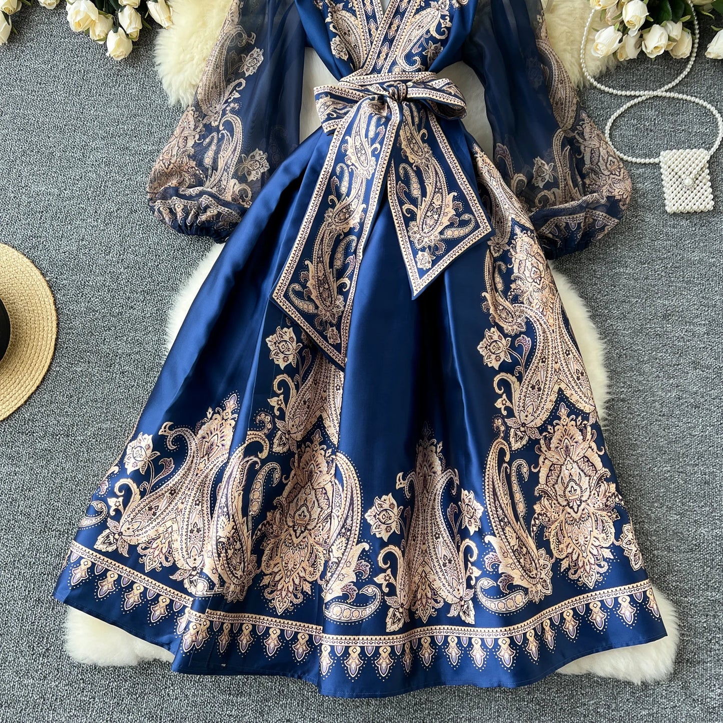 Vintage Elegant sweet puff sleeve Bandage Dress A-line Chic Casual Beach Vacation Women Summer dresses