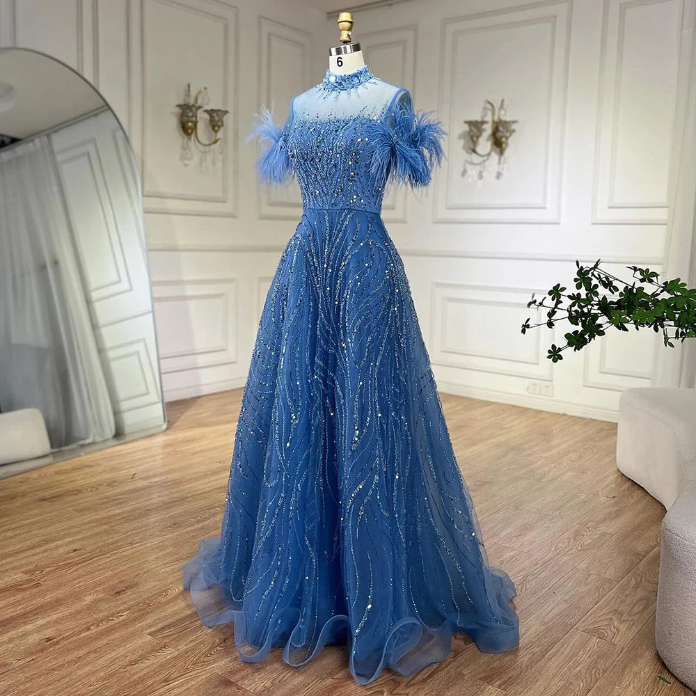 Serene Hill 2024 Arabic blue A Line Short Sleeveless Luxury Evening Dresses Beaded Feathers For Women Wedding Party LA72351