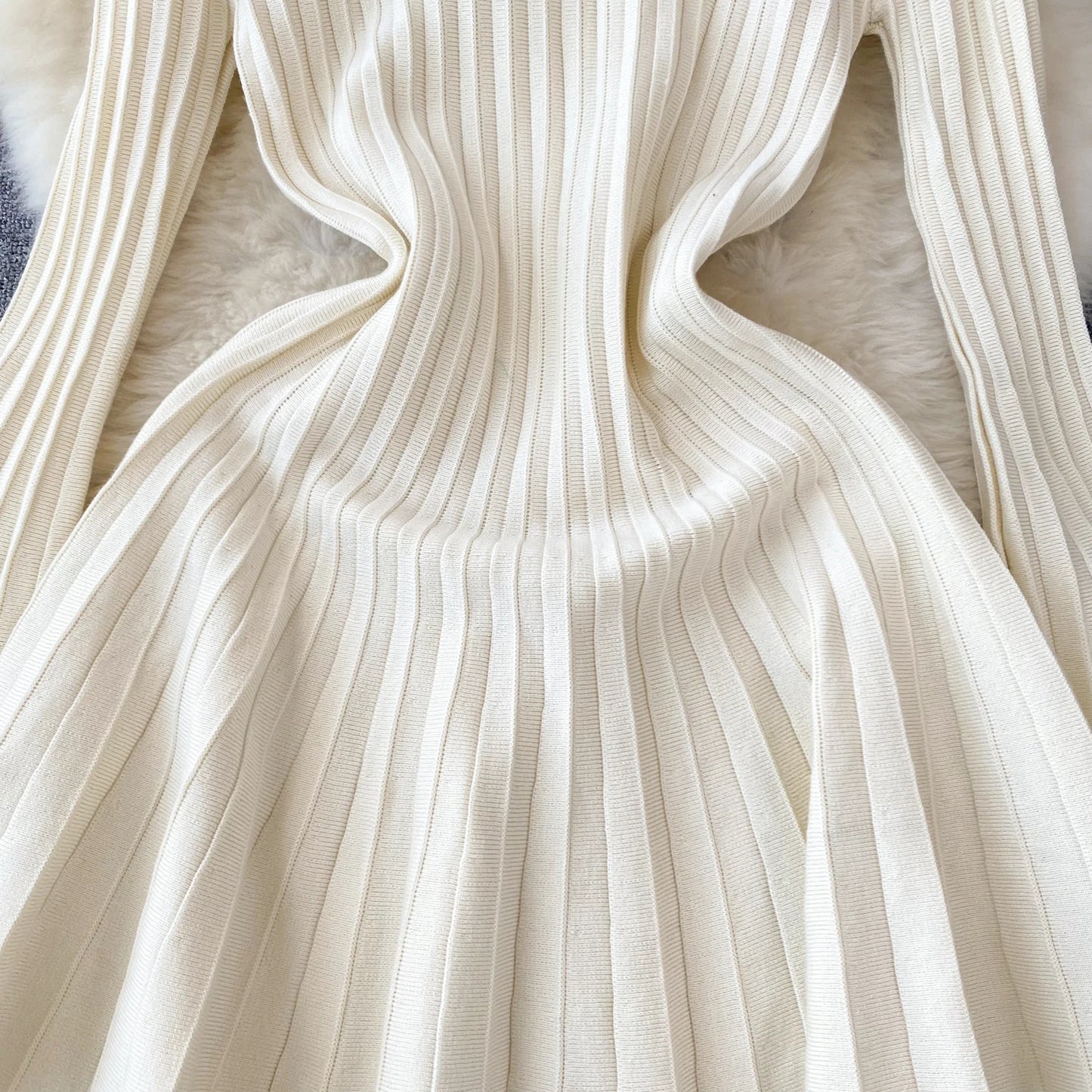 Women Chic Elegant O Neck Long Sleeve Dress French Sexy Fashion Knit Elastic Slim A-line Mini Dress