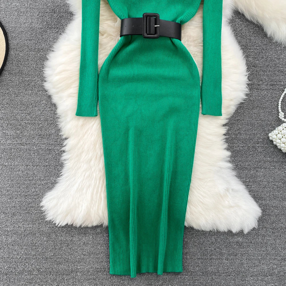 Elegant Turtleneck Long Sleeve Knit Soft Tight Pencil Dress with Belt Slim Fashion Warm Sweater Vestido Sexy Women Winter Robe
