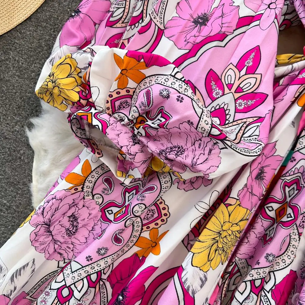 Elegant Women Casual Floral Print Party Dress Vintage Lantern Sleeve A-Line Pleated Prom Birthday Clothes Female Fashion Robe
