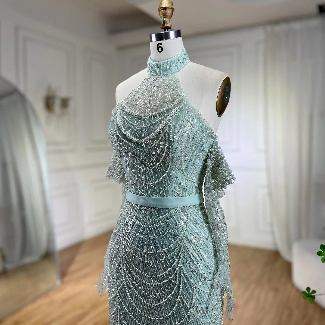 SERENE HILL Dubai Arabic Nude Mermaid With Gloves Luxury Beaded Evening Dresses Gowns 2024 For Women Wedding Party GLA72032A