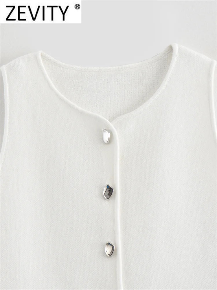 Zevity Women Fashion Sleeveless Buttons Hem Split Knitting Short Blouse Female Basic Slim Shirts Blusas Chic Crop Tops LS6236