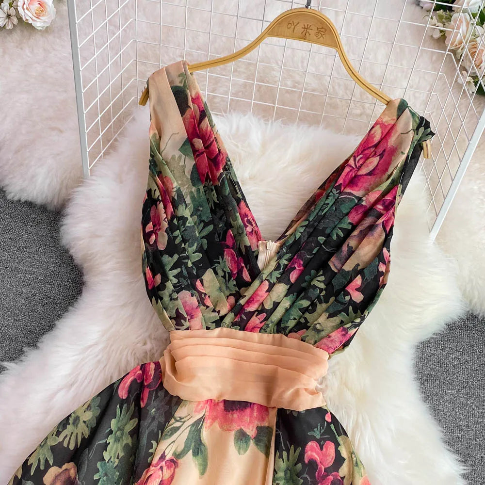 Elegant Evening Party Dress Women Sexy V-neck Floral Printed A-line Long Dresses Ladies Sleeveless Slim A-line Chiffon Long Robe