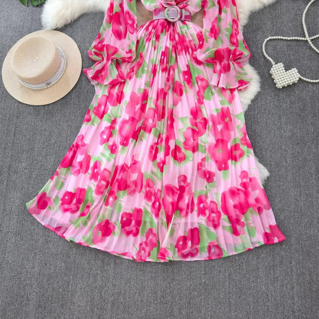 Summer Vintage Casual A-Line Floral Print Women Dress Elegant Chic Pleated Party Prom Vestidos with Belted Female Long Robe