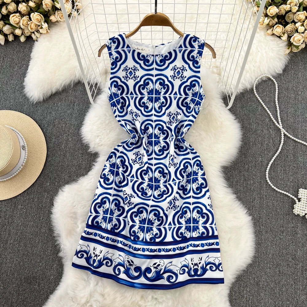 Short Dresses 2023 Fashion Women Clothing Elegant Vintage Print Party Dress Summer Sleeveless Round Neck A Line Mini Dress