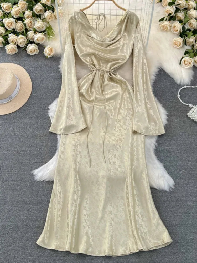 Autumn Evening Dresses for Women Elegant Bodycon Party Prom Robe Vintage Flare Sleeve Swinging Collar Midi Vestidos Mujer New