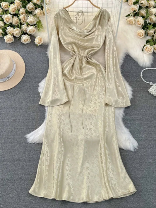 Autumn Evening Dresses for Women Elegant Bodycon Party Prom Robe Vintage Flare Sleeve Swinging Collar Midi Vestidos Mujer New