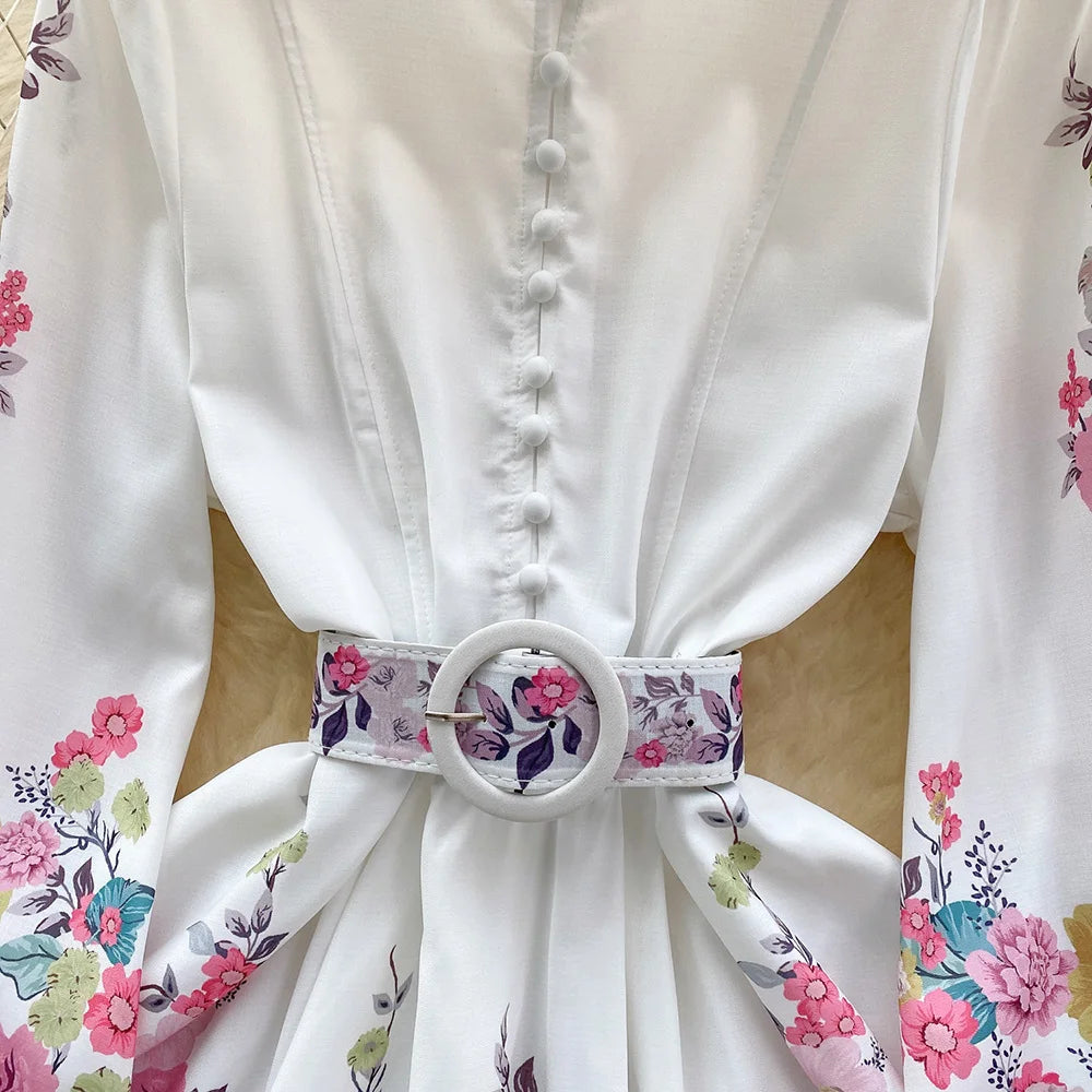 Spring Clothes For Women Vintage Floral Print Dress Stand Collar Long Sleeve Mini Dress With Belt Wedding Elegant Party Dresses