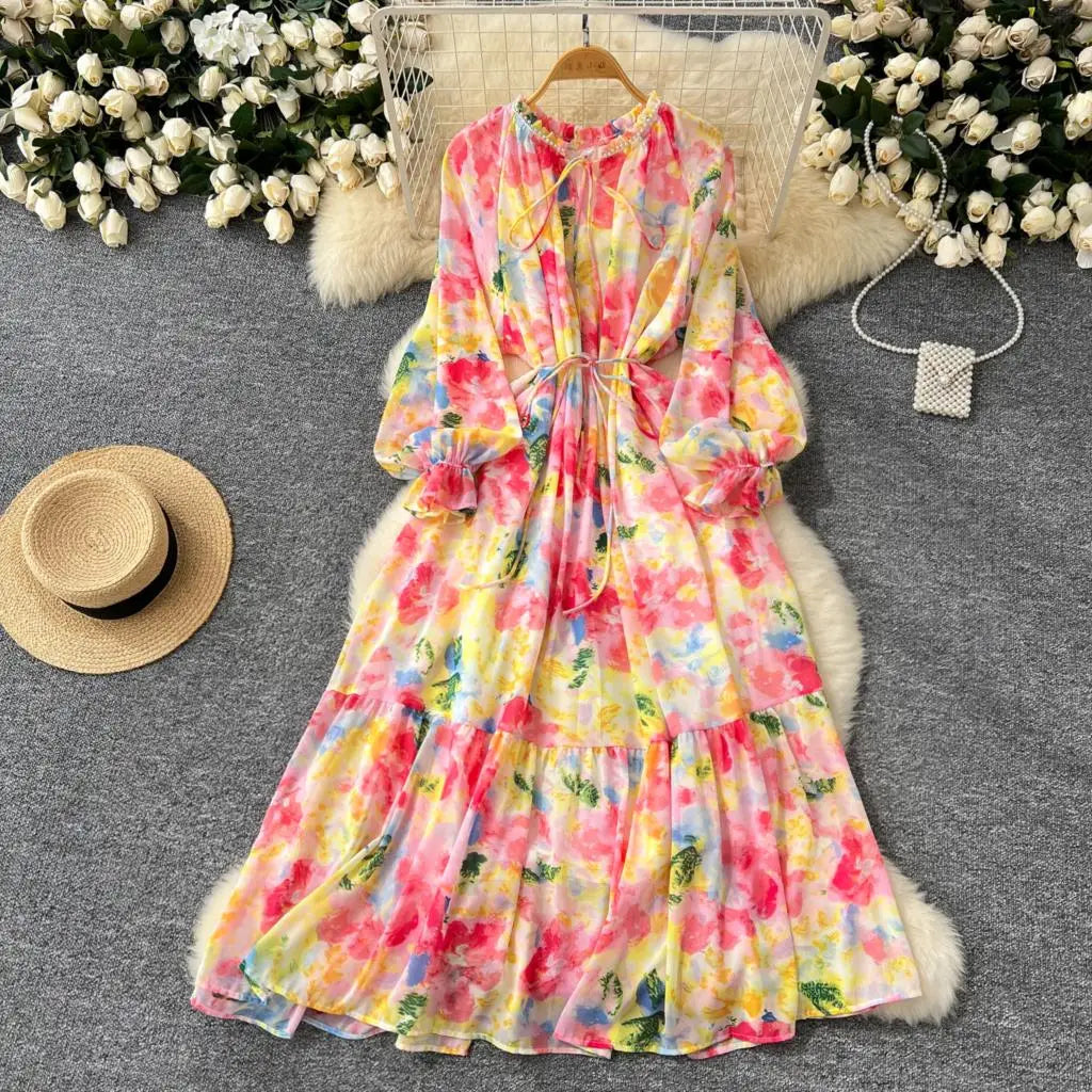 Elegant Floral Print Party Dress for Women French O-Neck Embroidered Flares Lace Up Lantern Long Sleeves Chiffon Long Dresses
