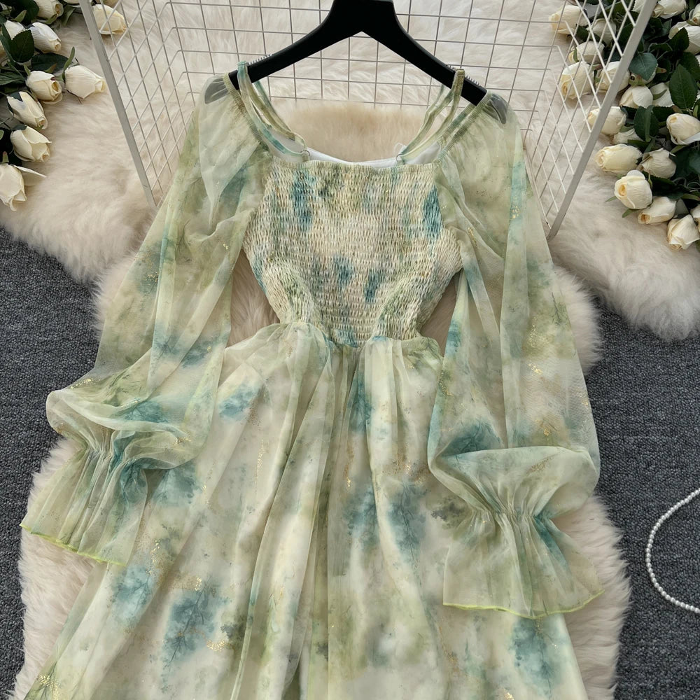 Elegant Bright Silk Print Party Dress for Women Casual Off Shoulder Spaghetti Strap Flare Sleeve Slim Waist Vestidos A-Line Robe