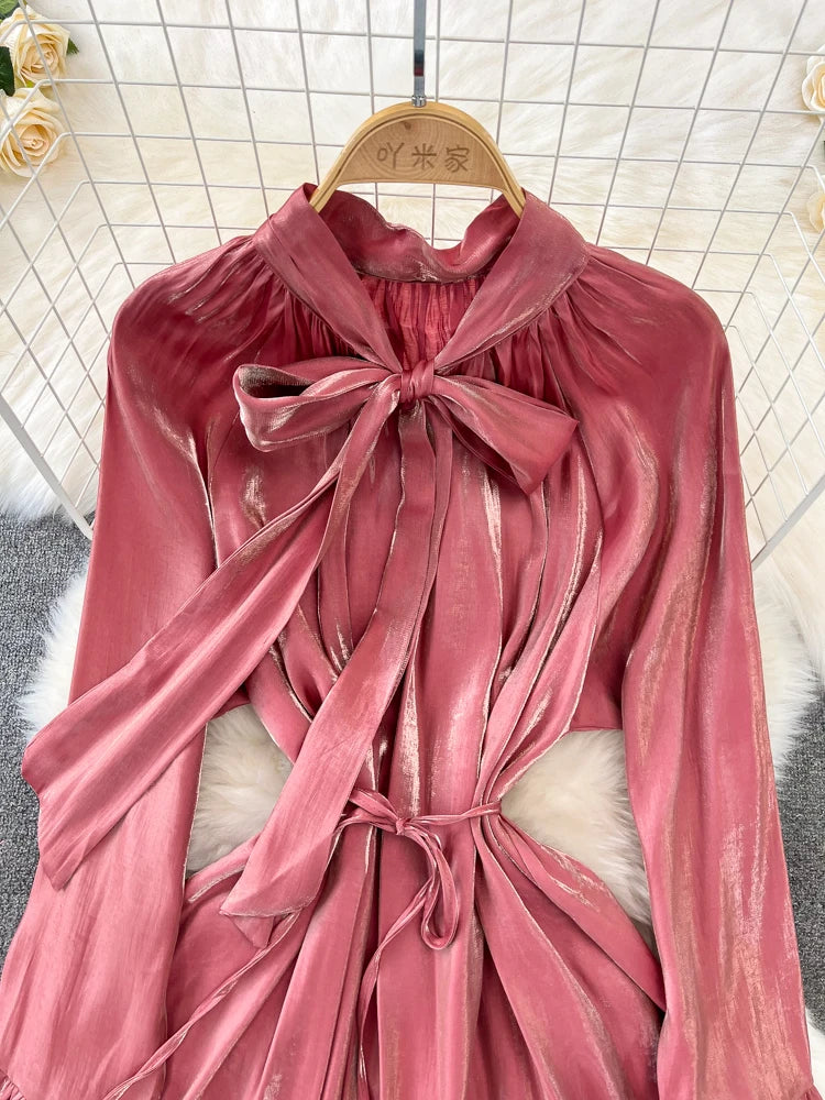 Elegant and Chic Solid Evening Dresses for Women Fashion New Bow Lace Up Flare Long Sleeve A-Line Vestidos Autumn Female Clothes