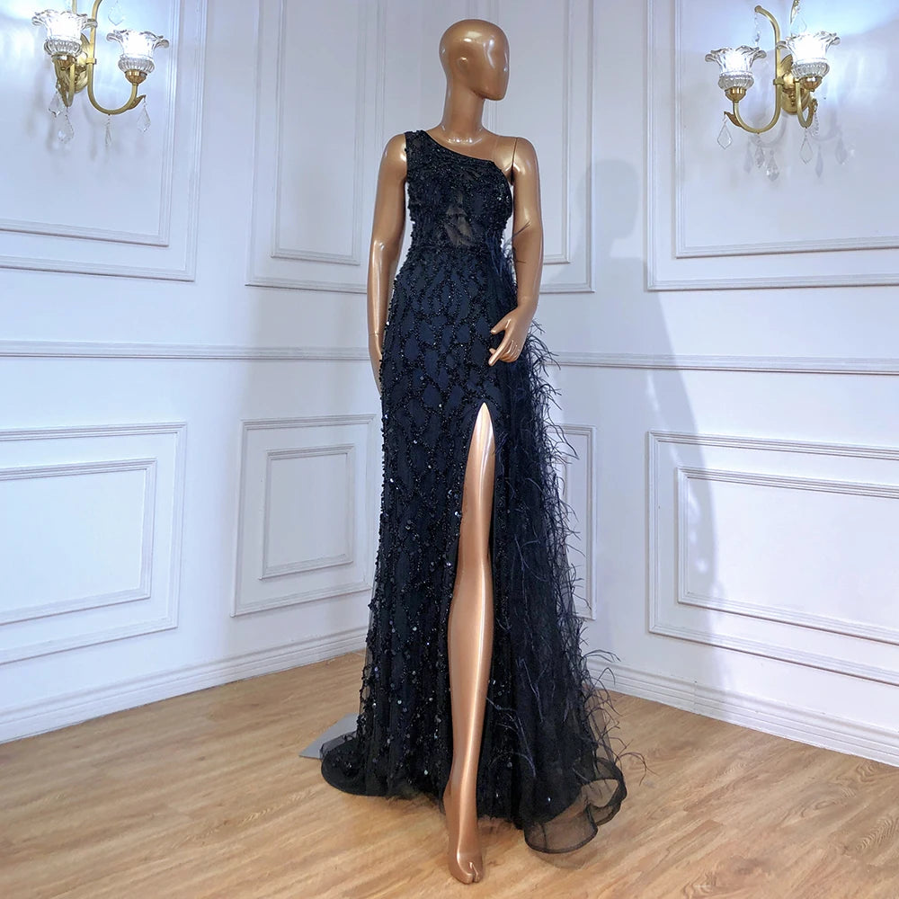 Pink Luxury One Shouder Split Evening Dresse 2023 Elegant Mermaid Beading Gowns Feathers For Women Party BLA70829 Serene Hill