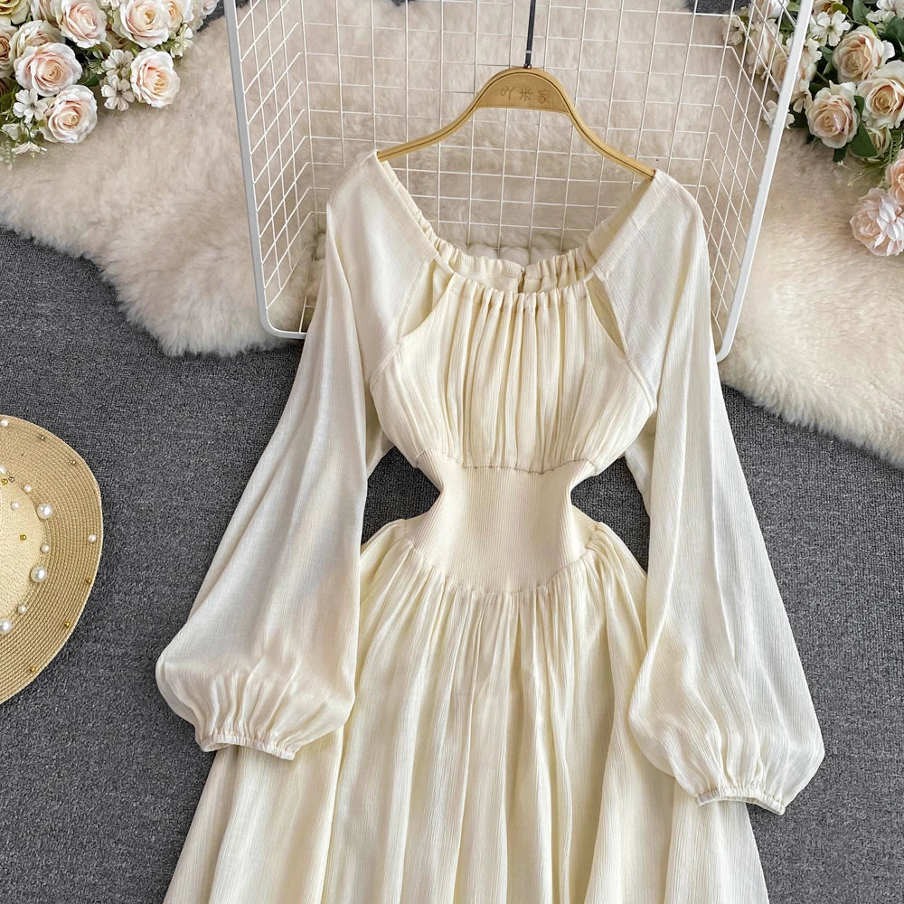 Elegant Sweet Princess Party Dress Women High Waist A-Line Lace Up Autumn French Vintage Prom Robe One Piece Vestidos Mujer New