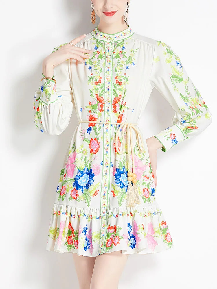 Clothes For Women Dresses 2024 Spring Ruffle Hem Vintage Floral Print Dress Stand Neck Long Sleeve Holiday Mini Dress With Belt