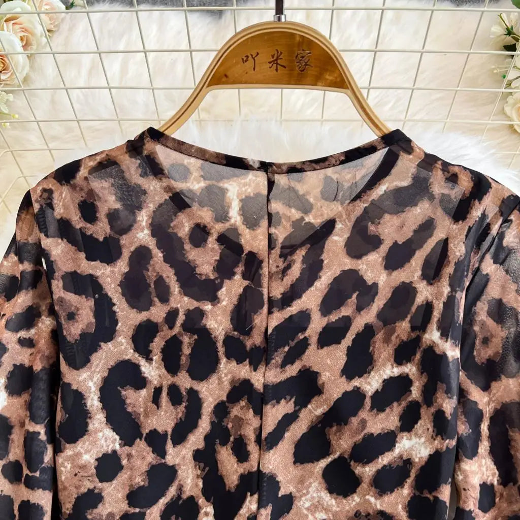 Autumn Elegant Women Leopard Print Long Sleeve Dress Casual Loose A-Line Slit Evening Dresses New Fashion Vintage Vestido Mujers