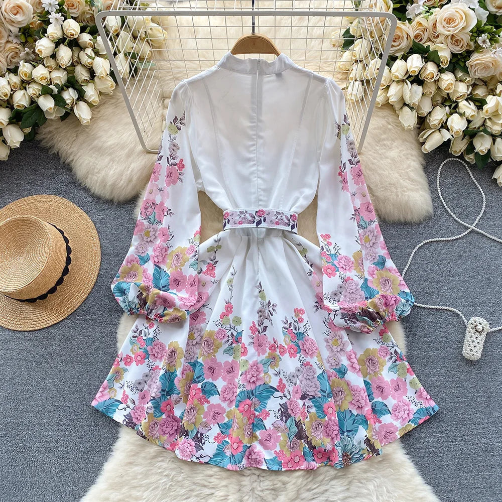 Spring Clothes For Women Vintage Floral Print Dress Stand Collar Long Sleeve Mini Dress With Belt Wedding Elegant Party Dresses