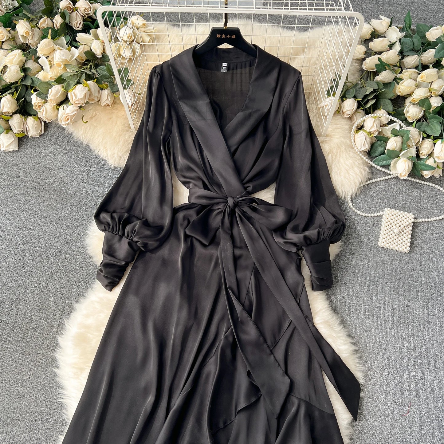 Women Elegant Satin Dress Summer Bandage High Waisted Ruffled Irregular Blazer Dresses Ladies A-line Vintage Party Long Robe