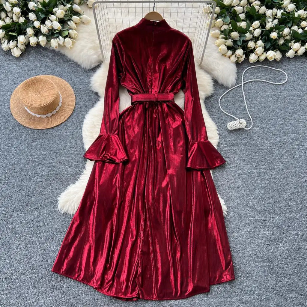 Autumn Vintage Pleated Women Long Dress Elegant Stand Collar Solid A-Line Party Prom Vestidos Female Birthday Clothes Mujers