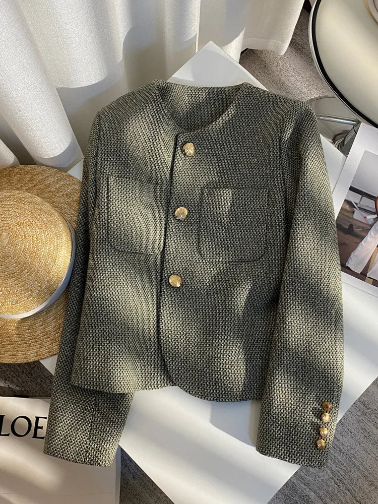 Women's Round Neck Blazer Jacket for Spring and Autumn Trendy Single Breasted Cropped Coat Small Fragrance Green Suit Outerwear