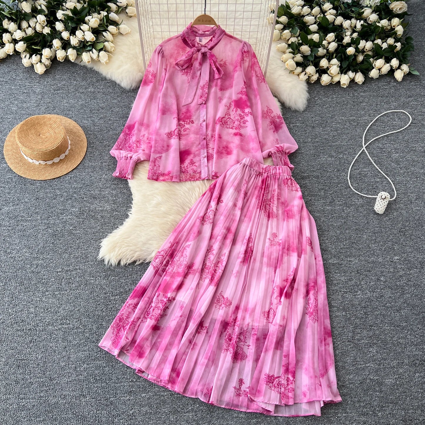 Women Chic Print Sweet Two Pieces Sets Bow Lantern Long Sleeve Top  High Waitst Wide Skirt Fashion Summer Sets