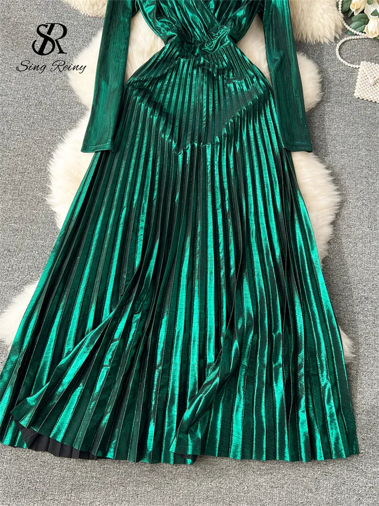 SINGREINY High Quality Spring Party Long Dress V Neck Long Sleeves Zipper Design A Line Pleated Chic Shiny Backless Dress