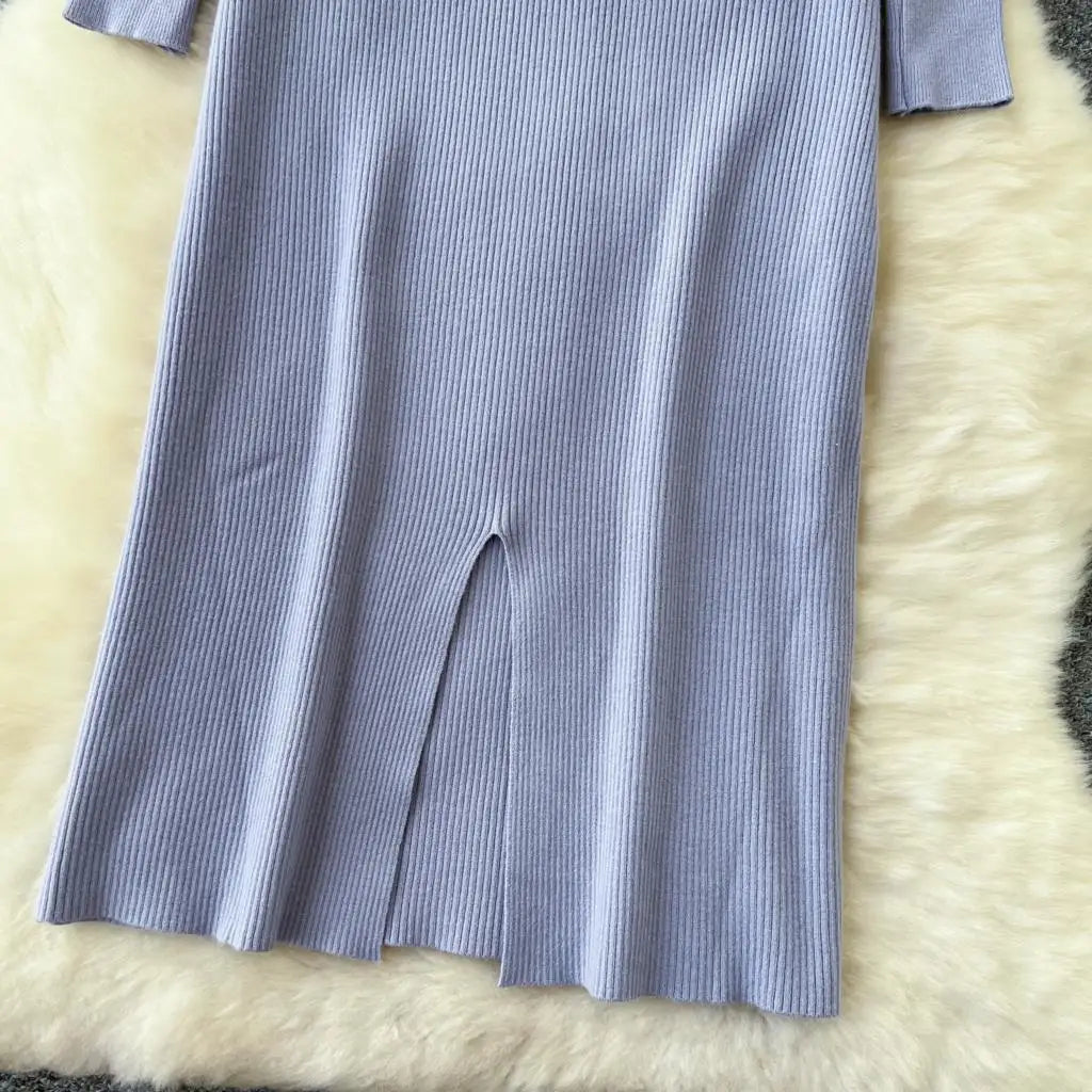 Elegant Solid Knitted Dress for Women Autumn French Vintage O-Neck Long Sleeve Fashion Evening Party Sweater Slim Midi Dresses