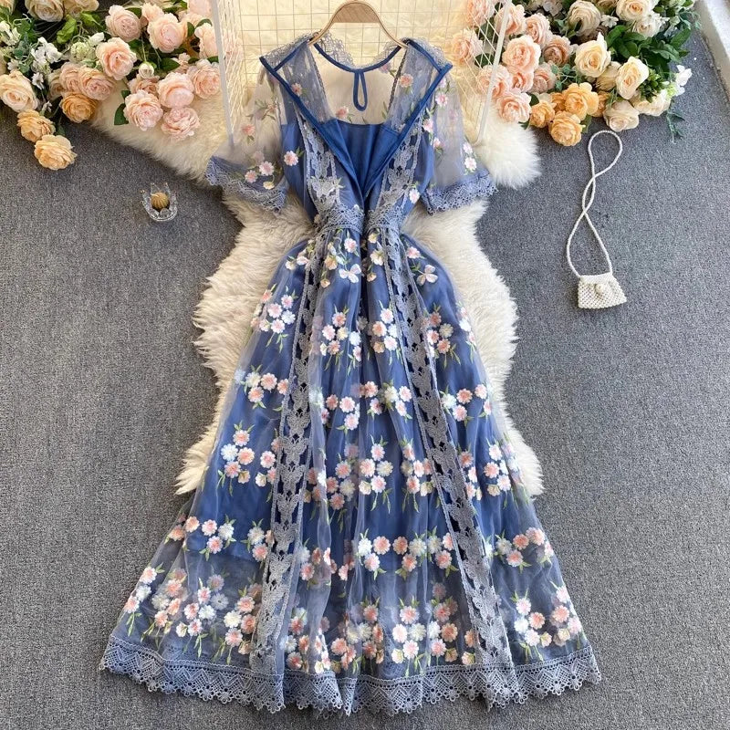 Elegant Mesh Embroidery Dress Women Korean Fashion Summer O Neck Short Sleeve Long Mesh Dress Party Vestidos
