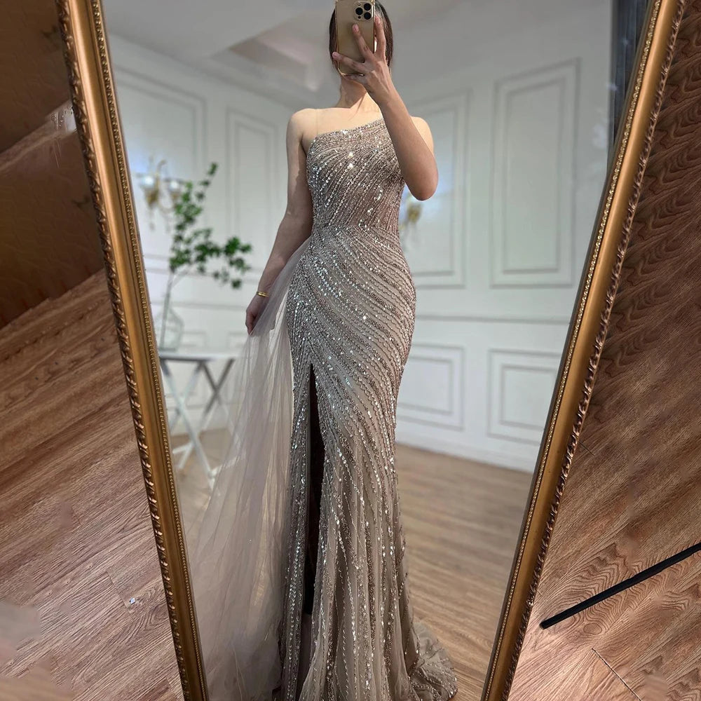 SERENE HILL 2024 Caramel Mermaid Luxury Beaded Evening Dresses With Split One Shoulder Sideskirt Gowns For Women Party GLA71371A
