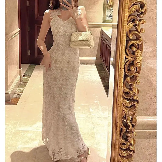 French High end Luxury Elegance Flower Studded Bead Relief Dress Women Slim Waist Closing Designer Spaghetti Strap Long Dresses