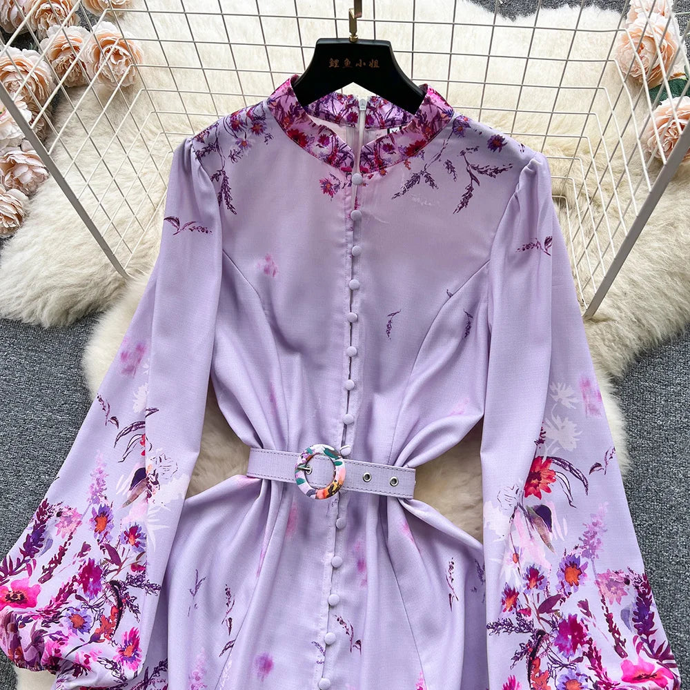 Spring Dresses 2024 Women Clothing Long Sleeve Party Elegant Dress With Belt Stand Collar Vintage Floral Print Holiday Dress