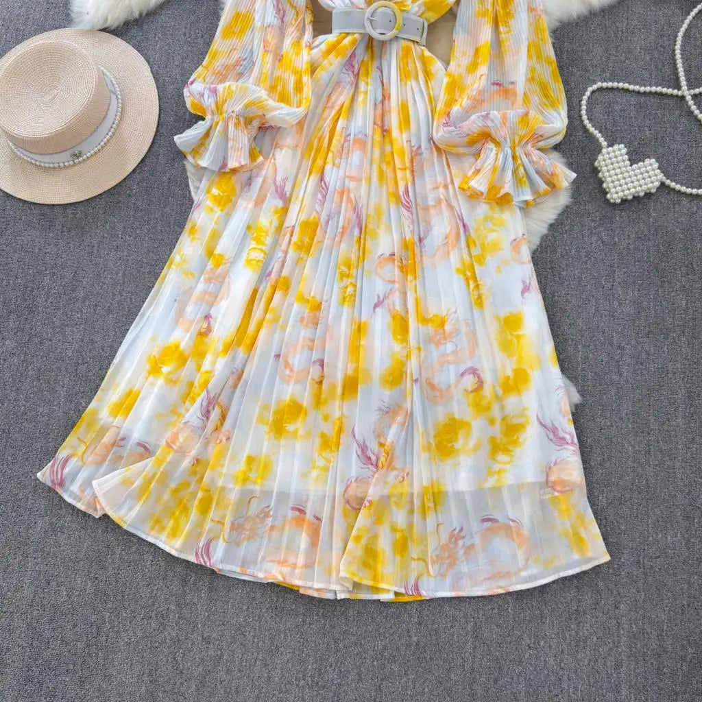 Summer Vintage Casual A-Line Floral Print Women Dress Elegant Chic Pleated Party Prom Vestidos with Belted Female Long Robe
