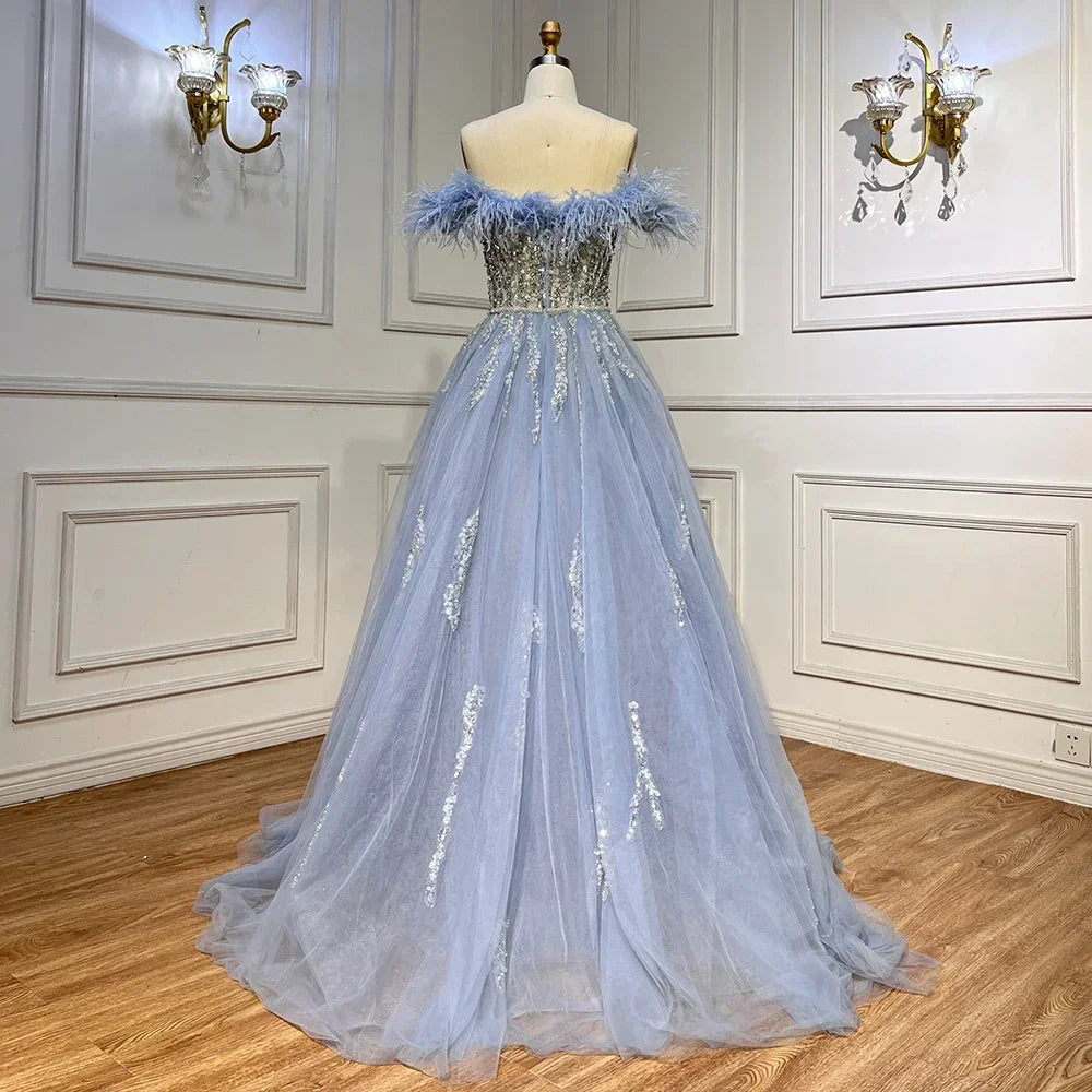 SERENE HILL 2024 Blue Feather Mermaid Luxury Beaded Evening Dresses Overskirt Formal Pink Gowns For Women Wedding Party GLA72061